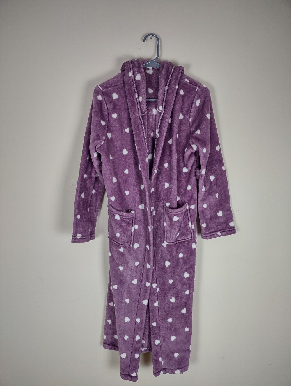Cozy Purple Heart Print Plush Hooded Bathrobe | Size Small